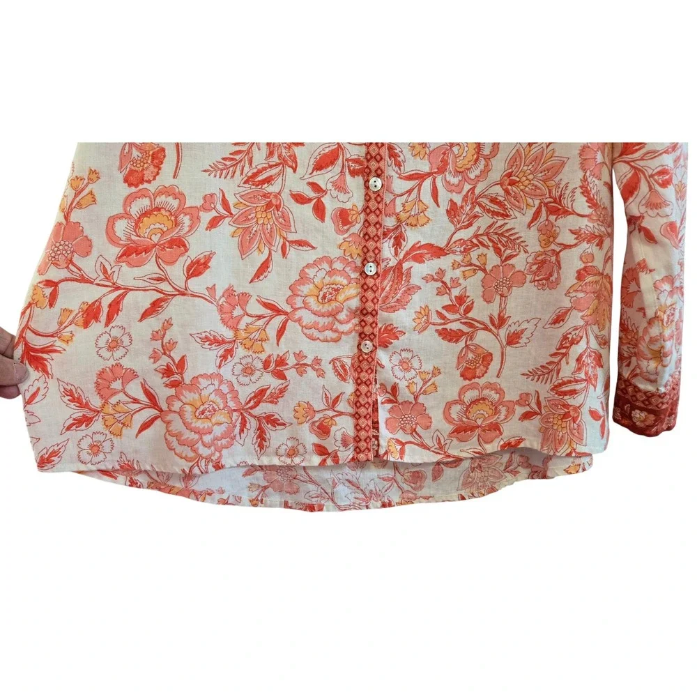 Rachel Zoe Womens XL Orange Floral 100% Linen Button Down Shirt European Flax - Picture 6 of 9